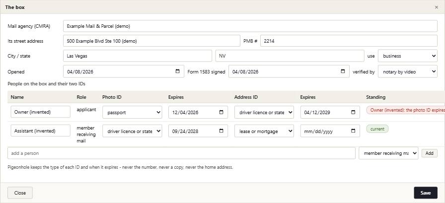 Pigeonhole with its example records in it